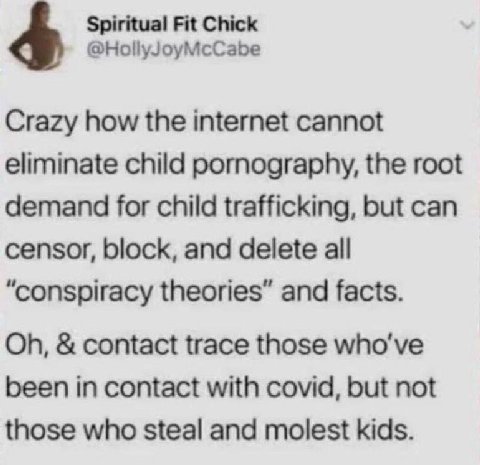 Spiritual Fit Chick @HollyJoyMcCabe Crazy how the internet cannot eliminate child pornography, the root demand for child trafficking, but can censor, block, and delete all “conspiracy theories” and fa