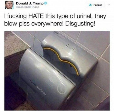 Donald Trump Follow fucking HATE this type of urinal, they blow piss everywhere! Disgusting!