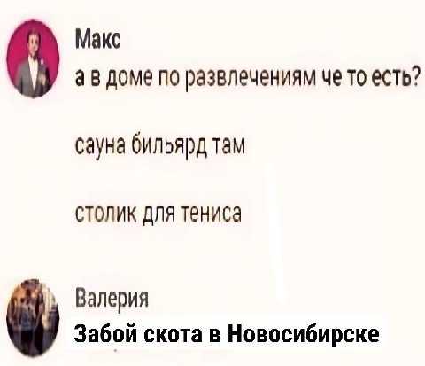 Макс доме по развлечениям че то есть? сауна бильярд там столик для тениса Валерия Забой скота в Новосибирске