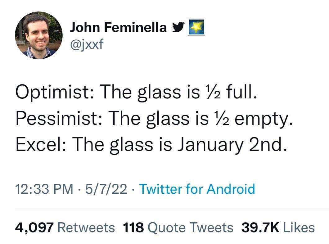 John РеттеНа Optimist: The glass 1$ Tull. Pessimist: The glass 1$ /2 empty. Excel: The glass is January 12:33 5/7/22 Twitter for Android 4,097 Retweets 118 Quote Tweets Likes