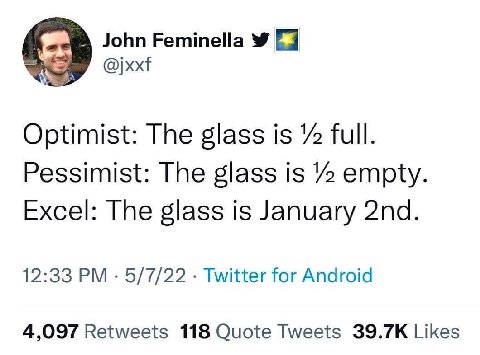 John РеттеНа Optimist: The glass 1$ Tull. Pessimist: The glass 1$ /2 empty. Excel: The glass is January 12:33 5/7/22 Twitter for Android 4,097 Retweets 118 Quote Tweets Likes