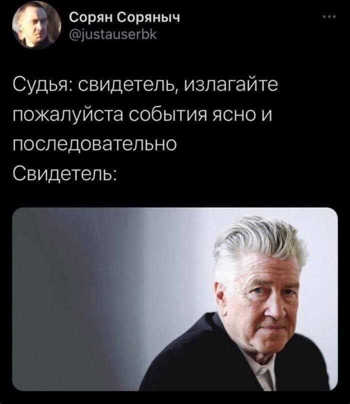 Сорян Соряныч @justauserbk Судья: свидетель, излагайте пожалуйста события ясно и последовательно Свидетель: