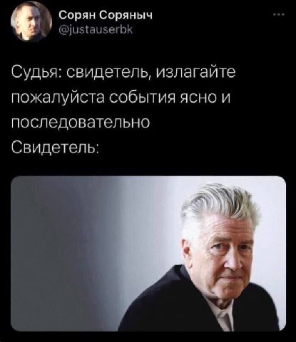 Сорян Соряныч @justauserbk Судья: свидетель, излагайте пожалуйста события ясно и последовательно Свидетель:
