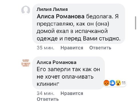 Лилия Лилия Алиса Романова бедолага. Я представляю, как он (она) домой ехал в испачканой одежде и перед Вами стыдно. 35 мин. Нравится Ответить Алиса Романова Его заперли так как он не хочет оплачивать