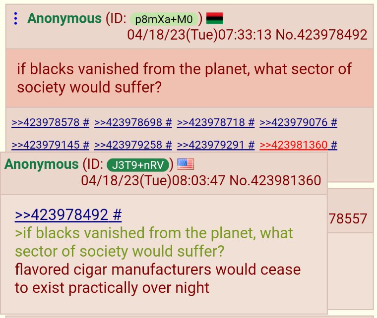 Anonymous р8тха+мо 04/18/23(Tue)07:33:13 No.423978492 if blacks vanished from the planet, what sector of society would suffer? >>423978578 >>423978698 >>423978718 >>423979076 >>423979145 >>423979258 >