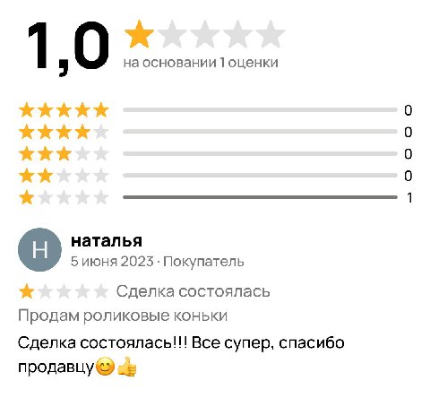 1 9 на основании 1 оценки 0 0 0 0 1 наталья 5 июня 2023 Покупатель Сделка состоялась Продам роликовые коньки Сделка состоялась!!! Все супер, спасибо продавцу