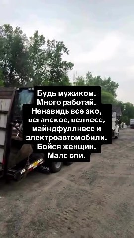 Будь мужиком. = Много работай. — Ненавидь все эко, веганское, велнесс, 3. майндфуллнесс и A \ электроавтомобили. \_ ^^ Бойся женщин.
