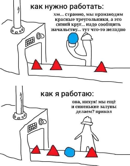 как нужно работать: странно, мы производим красные треугольники, а это синий круг... надо сообщить начальству... тут что-то неладно как я работаю: опа, нихуя! мы ещё и синенькие залупьг делаем? прикол