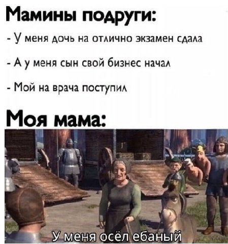 Мамины подруги: меня дочь на отлично экзамен сдала А уменя сын свой бизнес начал Мой на врача поступил Моя мама: у и fan У меня осёл