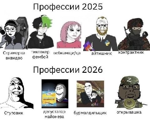 Профессии 2025 7 тиктокер вебкамщи/ца фембой айтишник контрактник вквидео Профессии 2026 Ступовик дегустатор бурмалдильщик открывашка майонеза