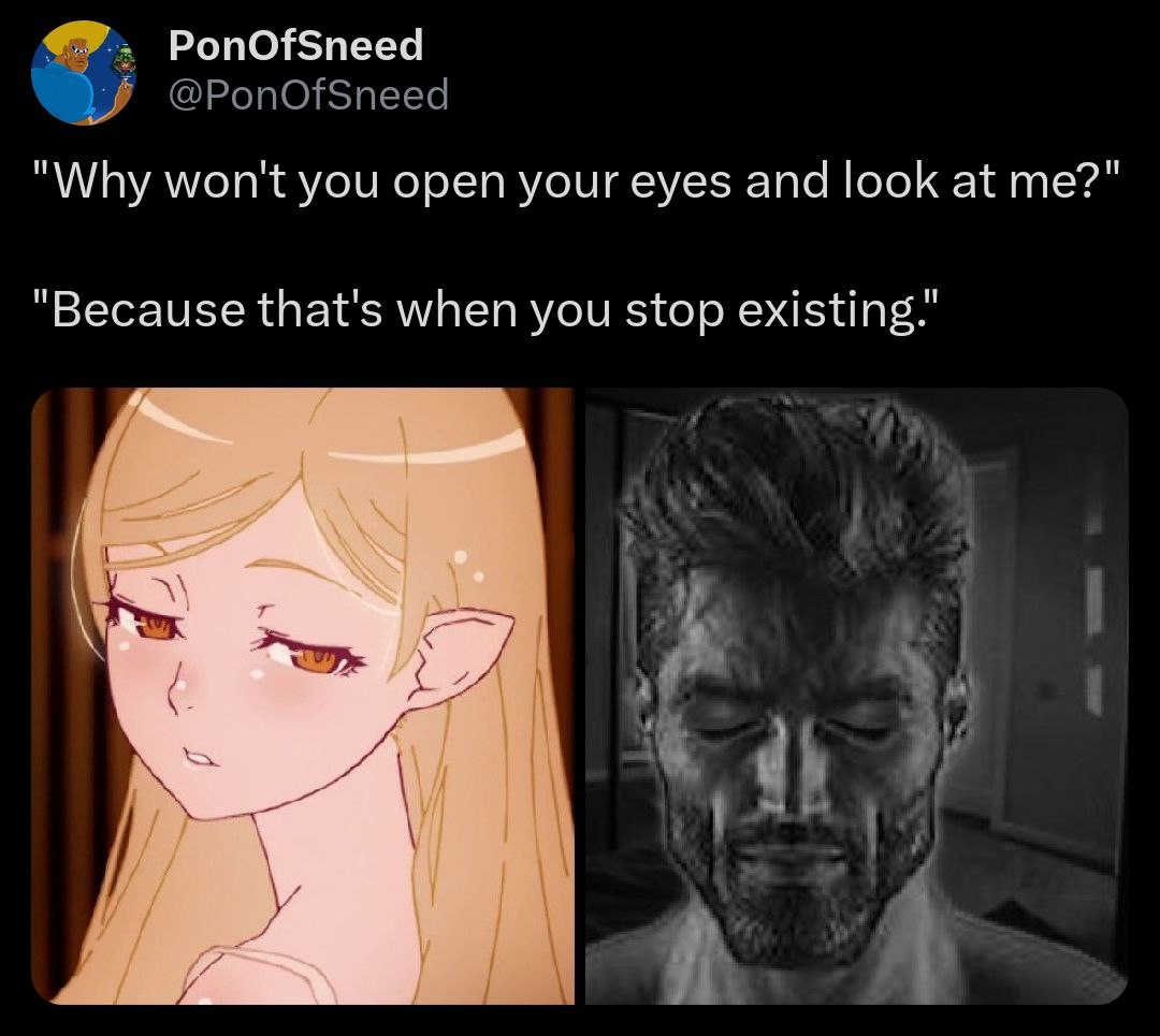 PonOfSneed "Why won't you open your eyes and look at me?" "Because that's when you stop existing.”