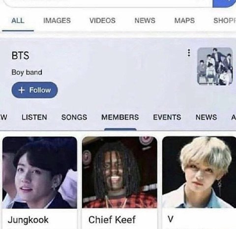 ALL IMAGES VIDEOS NEWS MAPS SHOF Boy band alt Follow LISTEN SONGS MEMBERS EVENTS NEWS A Jungkook Chief Keef У