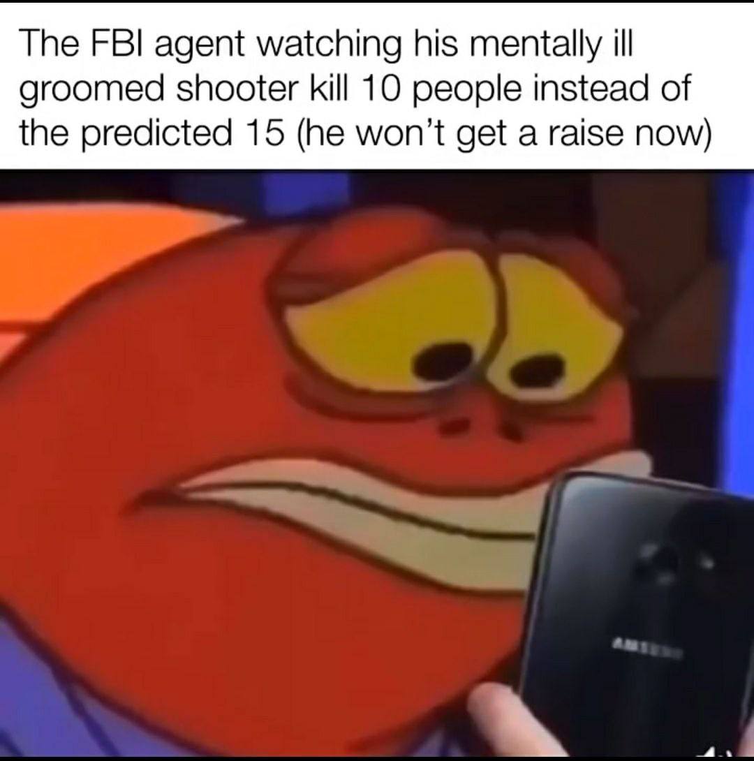 Тре FBI agent watching his mentally ill groomed shooter kill 10 people instead of the predicted 15 (he get a raise now)