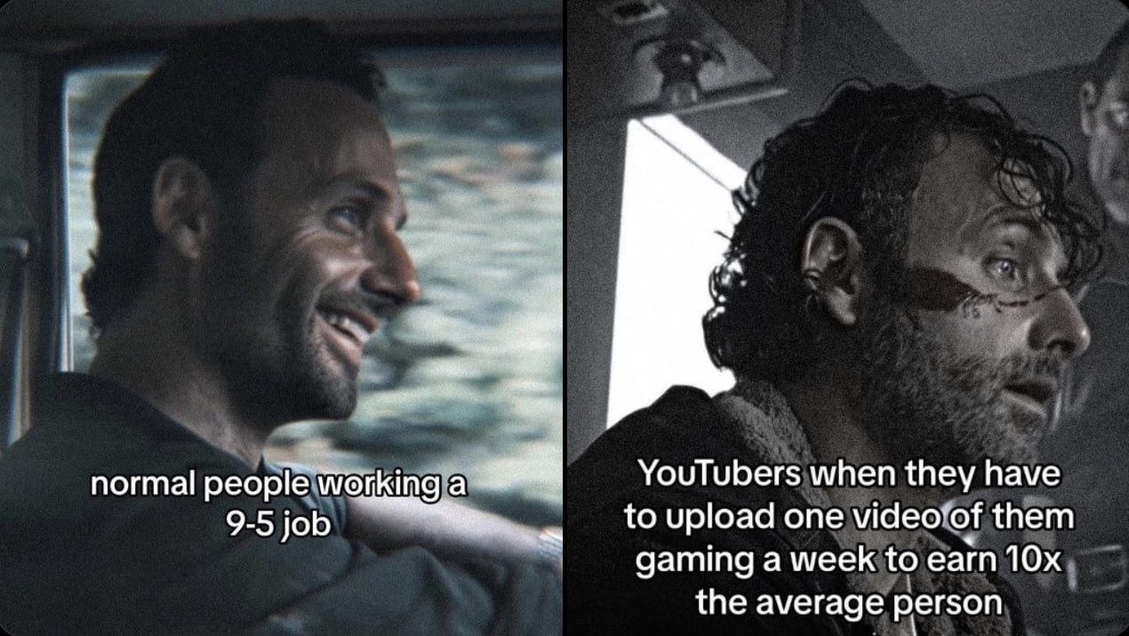 4$ normal people Working а YouTubers when they have 9-5 job toupload one маео`о them gaming a week to earn the average person