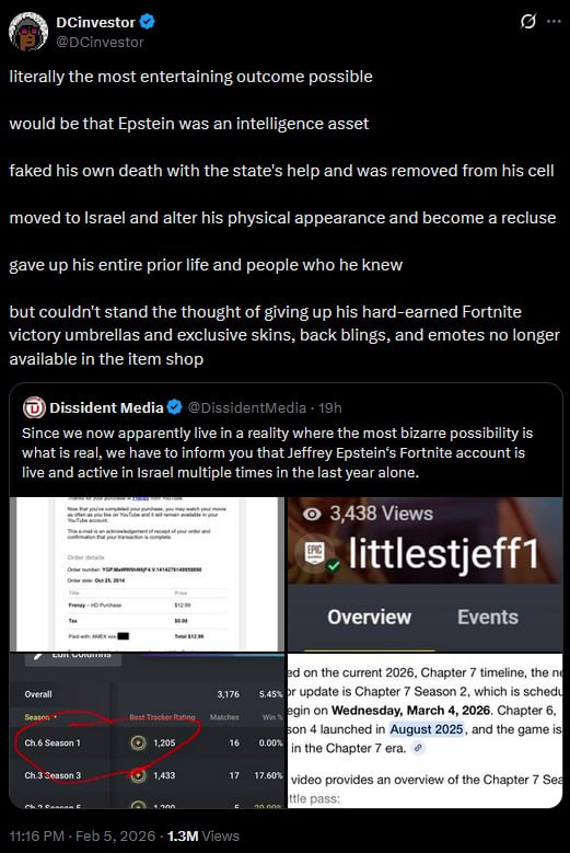 DCinvestor literally the most entertaining outcome possible would be that Epstein was an intelligence asset faked his own death with the state's help and was removed from his cell moved to Israel and 