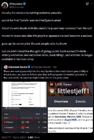 DCinvestor literally the most entertaining outcome possible would be that Epstein was an intelligence asset faked his own death with the state's help and was removed from his cell moved to Israel and 