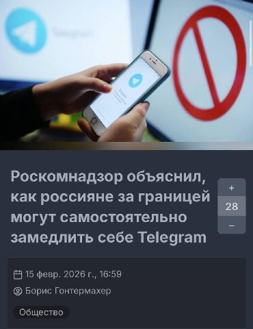 Роскомнадзор объяснил, как россияне за границей 28 могут самостоятельно замедлить себе Telegram 15 февр. 2026 16:59 Борис Гонтермахер Общество