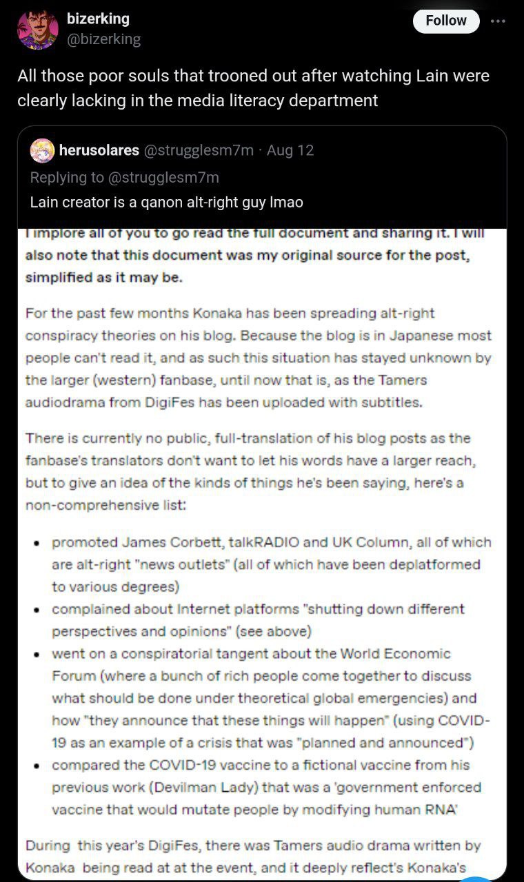 All those poor souls that trooned out after watching Lain were clearly lacking in the media literacy department Lain creator is a дапоп alt-right guy Imao impiore all of you to read an sharing also no