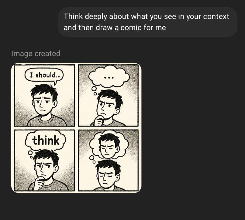 Think deeply about what you see your context and then draw а for me Image created think о
