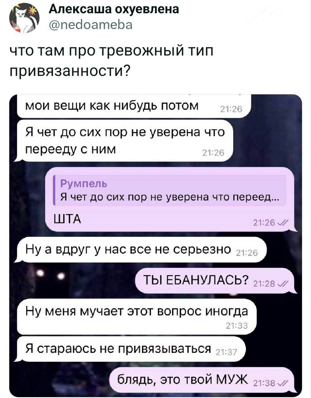 Алексаша охуевлена @nedoameba что там про тревожный тип привязанности? мои вещи как нибудь потом Я чет до сих пор не уверена что перееду с ним Румпель Я чет до сих пор не уверена что переед... ШТА 21: