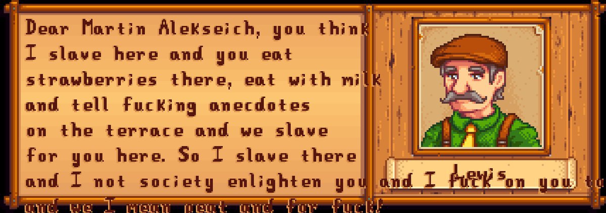 Dear Alekseich, you think I slave here ond you ent strawberries there, eat with milk and tell fucking anecdotes on the terrace and we i for you here. 50 slave and I not society enlighten and Son