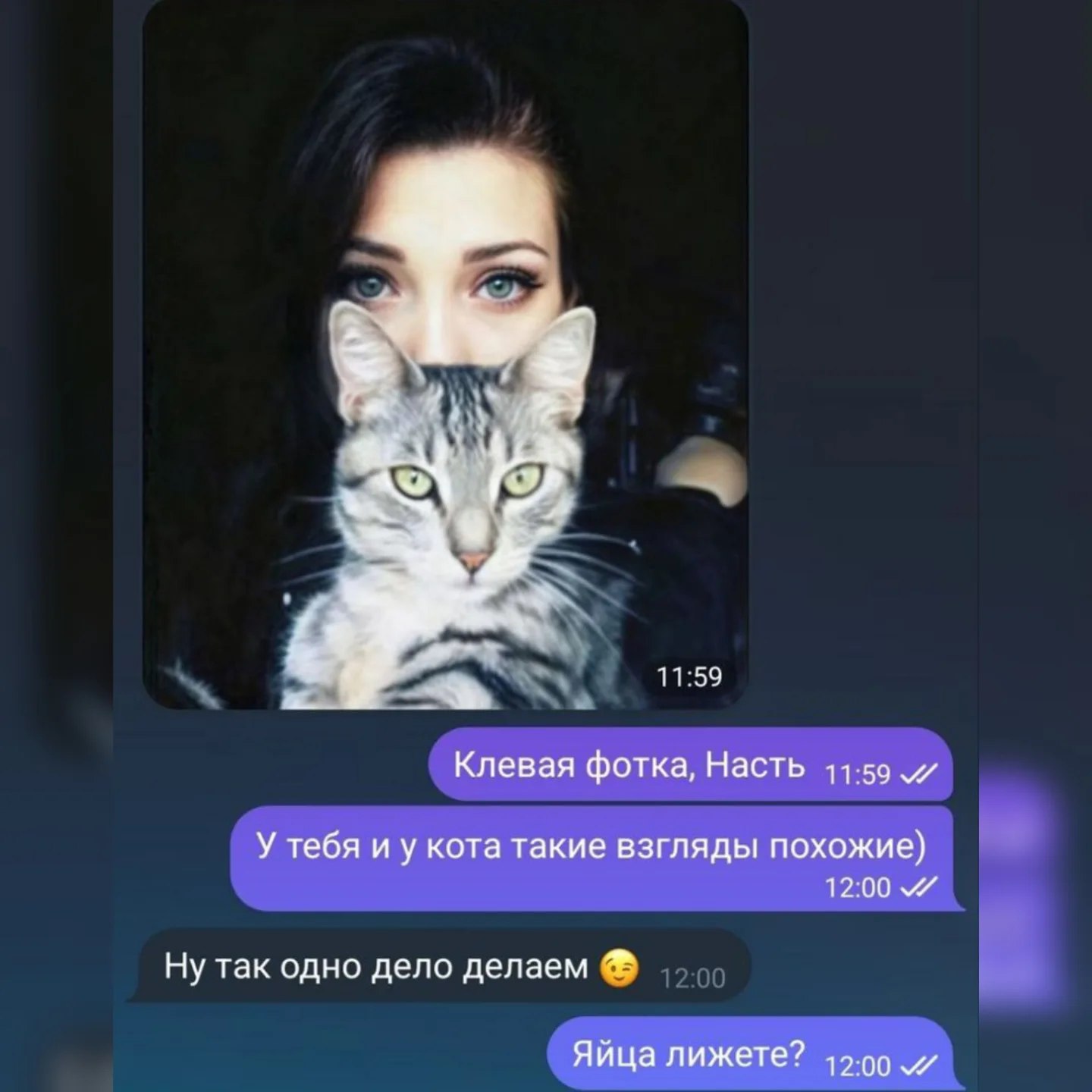 1159 Клевая фотка, Насть 11-59 У тебя и у кота такие взгляды похожие) 12:00 Ну так одно дело делаем Яйца лижете? 12.00 и