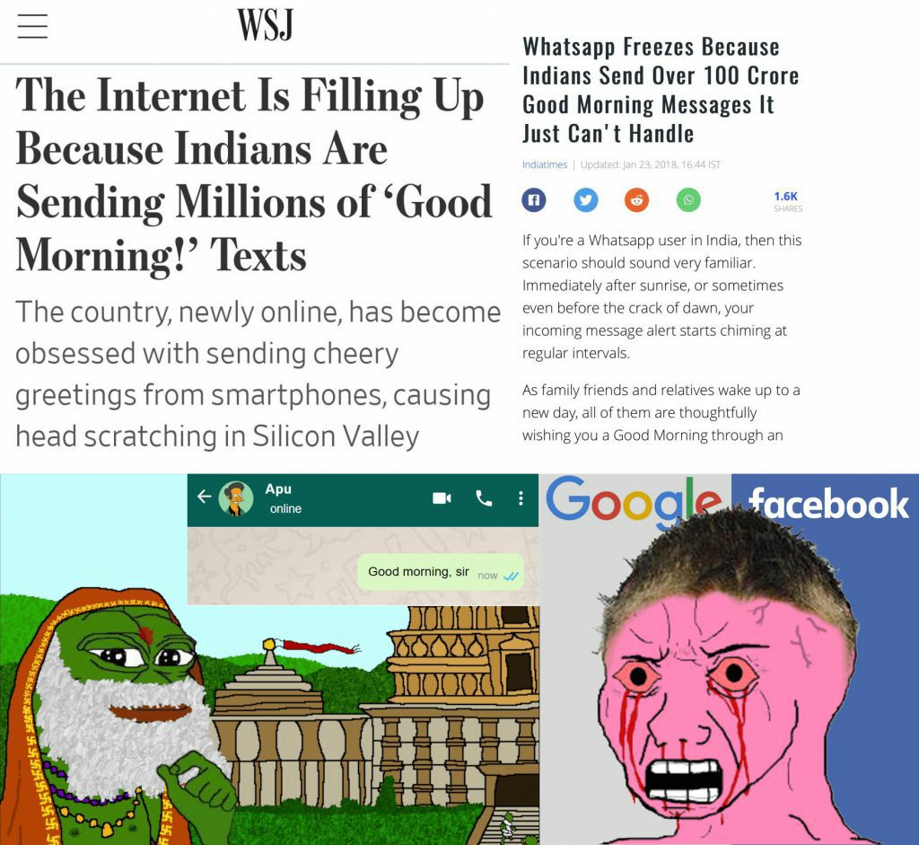 WSJ Whatsapp Freezes Because Indians Send Over 100 Crore The Internet Is Filling Up Good Morning Messages It Because Indians Are Just Can't Handle ооо Sending Millions of ‘Good if you're a Whatsapp us