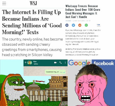 WSJ Whatsapp Freezes Because Indians Send Over 100 Crore The Internet Is Filling Up Good Morning Messages It Because Indians Are Just Can't Handle ооо Sending Millions of ‘Good if you're a Whatsapp us