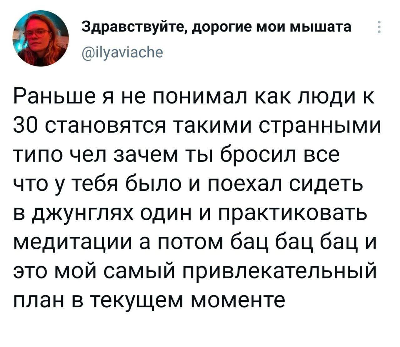 Здравствуйте, дорогие мои мышата @ilyaviache Раньше я не понимал как люди к 30 становятся такими странными типо чел зачем ты бросил все что у тебя было и поехал сидеть в джунглях один и практиковать м