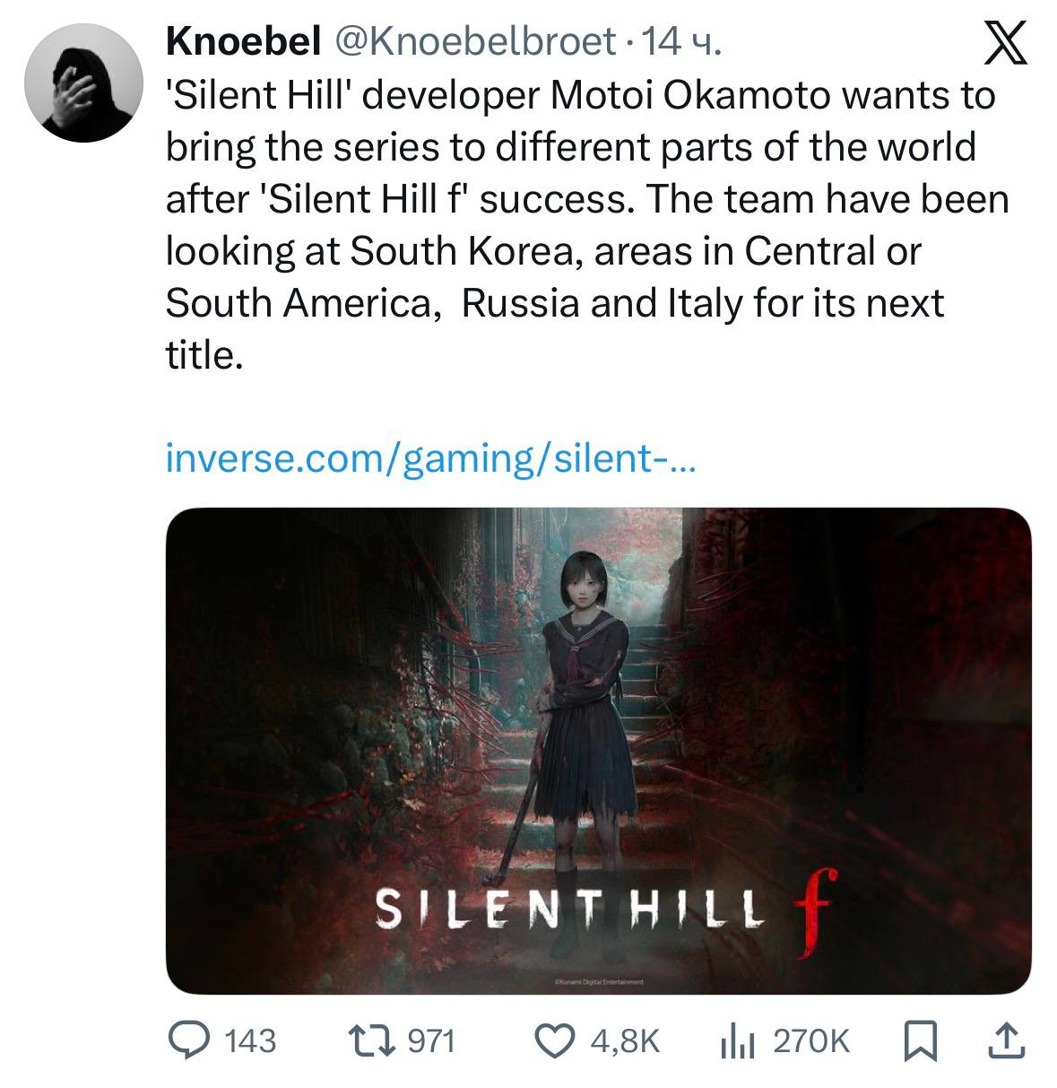 Knoebel @Knoebelbroet 14 НИ! developer Мото! Okamoto wants to 3 bring the series to different parts of the world after 'Silent Hill success. The team have been looking at South Korea, areas in Central