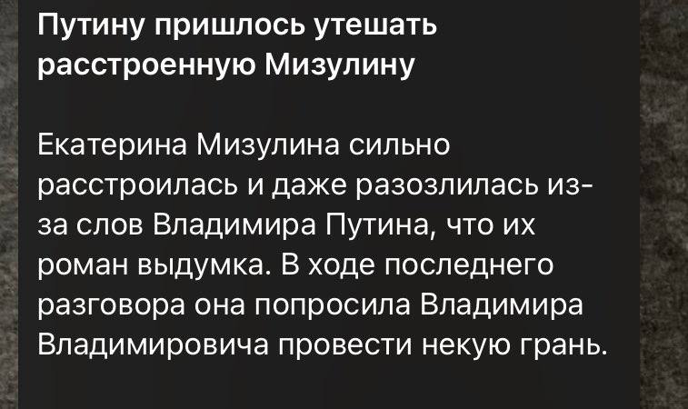 Путину пришлось утешать расстроенную Мизулину Екатерина Мизулина сильно расстроилась и даже разозлилась из- за слов Владимира Путина, что роман выдумка. В ходе последнего разговора она попросила Влади