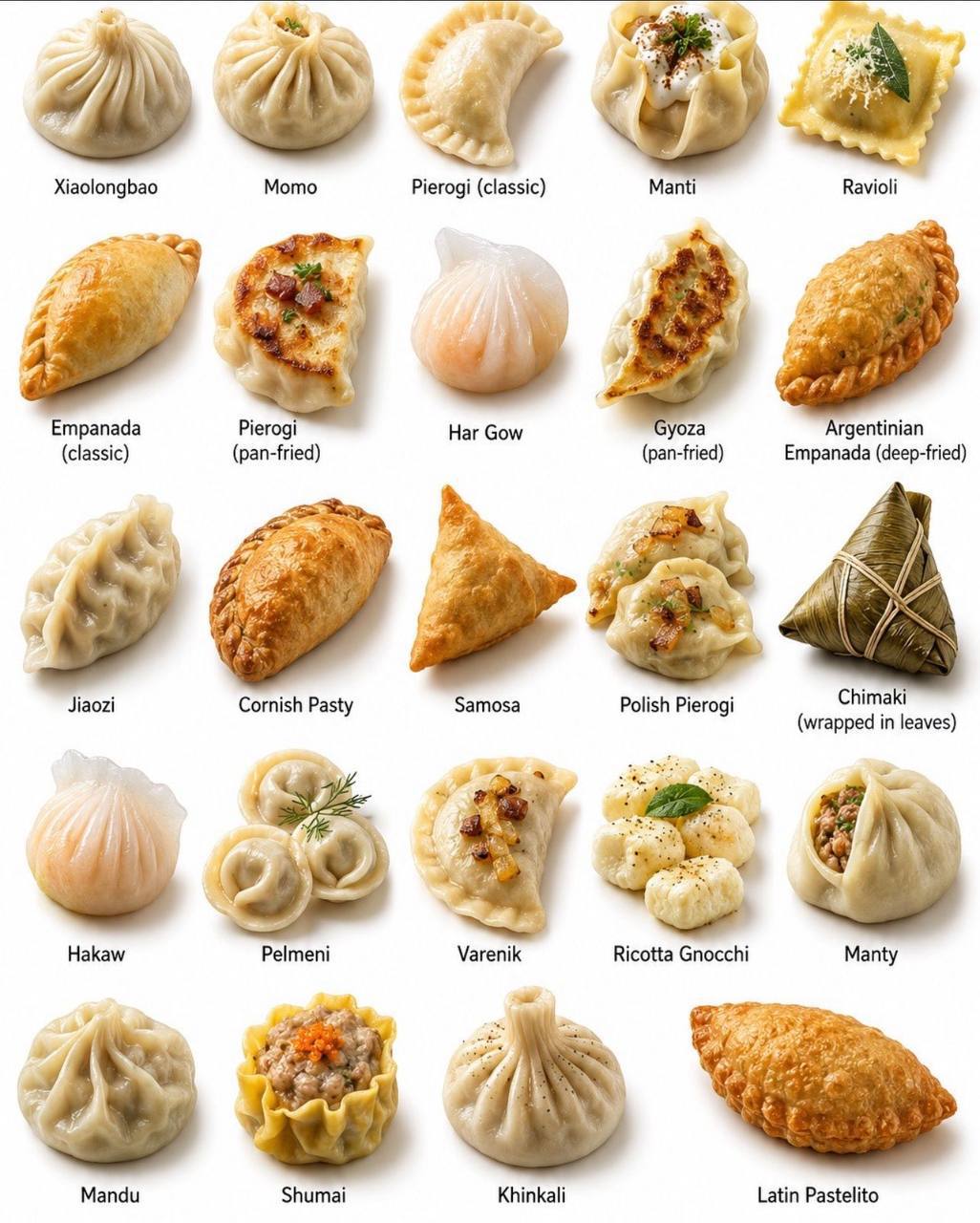 я Xiaolongbao Momo Pierogi (classic) Manti Ravioli Empanada Pierogi Har Gow Argentinian (classic) (pan-fried) (pan-fried) Empanada (deep-fried) Jiaozi Cornish Pasty Samosa Polish Pierogi Chimaki (wrap