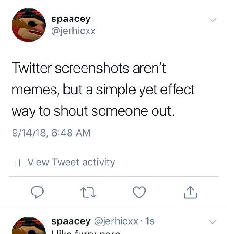 зраасеу @jerhicxx Twitter screenshots aren't memes, but a simple yet effect way to shout someone out. 9/14/18, 6:48 ill View Tweet activity Spaacey @jerhicxx: