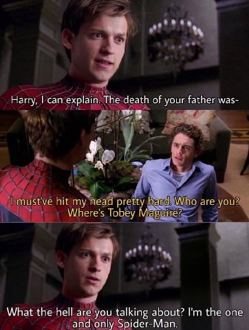 Harry, can explain. The death of your father was- must've hit my head pretty Hard. Who are you? Where's Tobey Maguire? What the hell are you talking about? the one and only Spider-Man.
