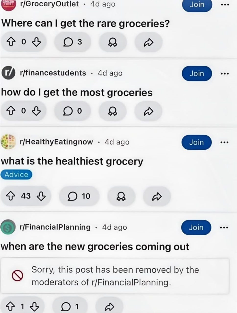 ago r/GroceryOutlet Where can get the rare groceries? TOD a r/financestudents ago how get the most groceries 20 Я a r/HealthyEatingnow ago what is the healthiest grocery 43 О 10 Я a 6) r/FinancialPlan