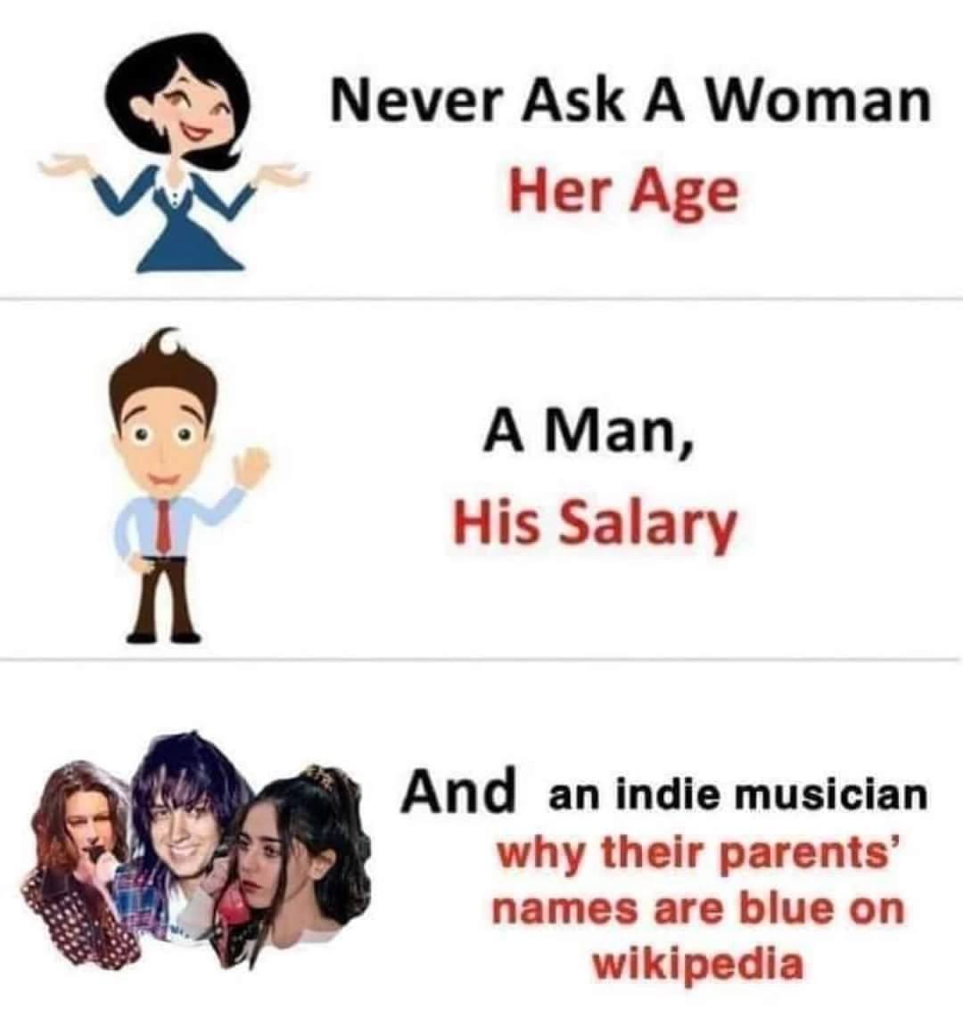 Never Ask А Woman Her Age A Man, His Salary And an indie musician why their parents’ names are blue wikipedia