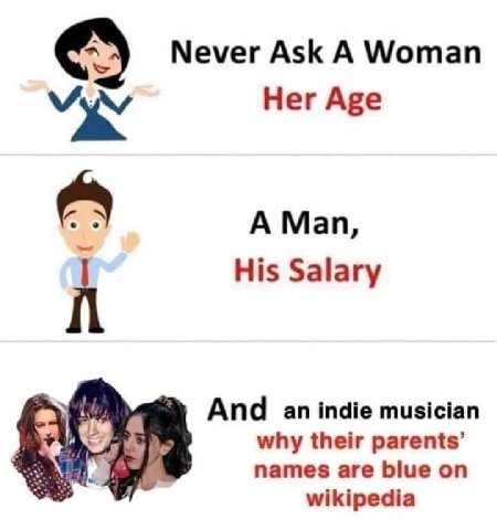 Never Ask А Woman Her Age A Man, His Salary And an indie musician why their parents’ names are blue wikipedia