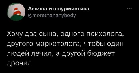 Афиша и шаурмистика @morethananybody Хочу два сына, одного психолога, другого маркетолога, чтобы один людей лечил, а другой бюджет дрочил
