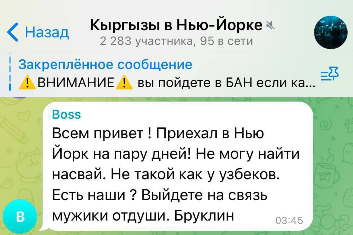 Кыргызы в Нью-Йорке Назад 2 283 участника, 95 в сети Закреплённое сообщение ВНИМАНИЕ вы пойдете в БАН если Boss Всем привет Приехал в Нью Йорк на пару дней! Не могу найти насвай. Не такой как у узбеко