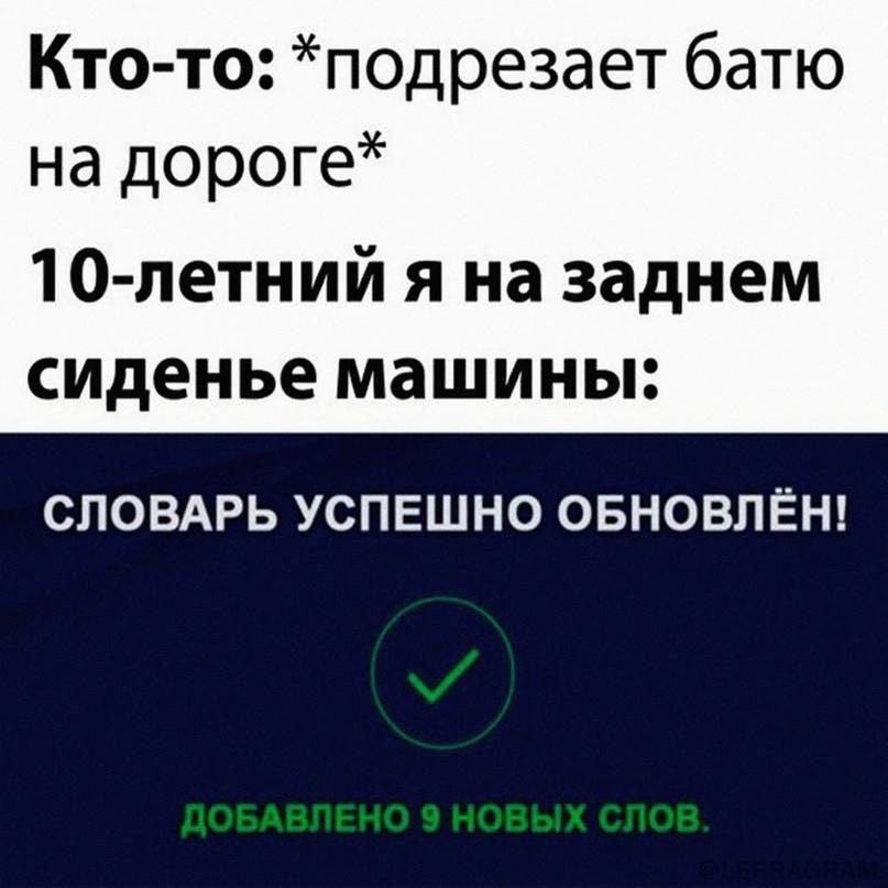 Кто-то: *подрезает батю на дороге* 10-летнии я на заднем сиденье машины: СЛОВАРЬ УСПЕШНО ОБНОВЛЁН!