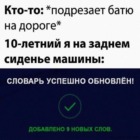 Кто-то: *подрезает батю на дороге* 10-летнии я на заднем сиденье машины: СЛОВАРЬ УСПЕШНО ОБНОВЛЁН!