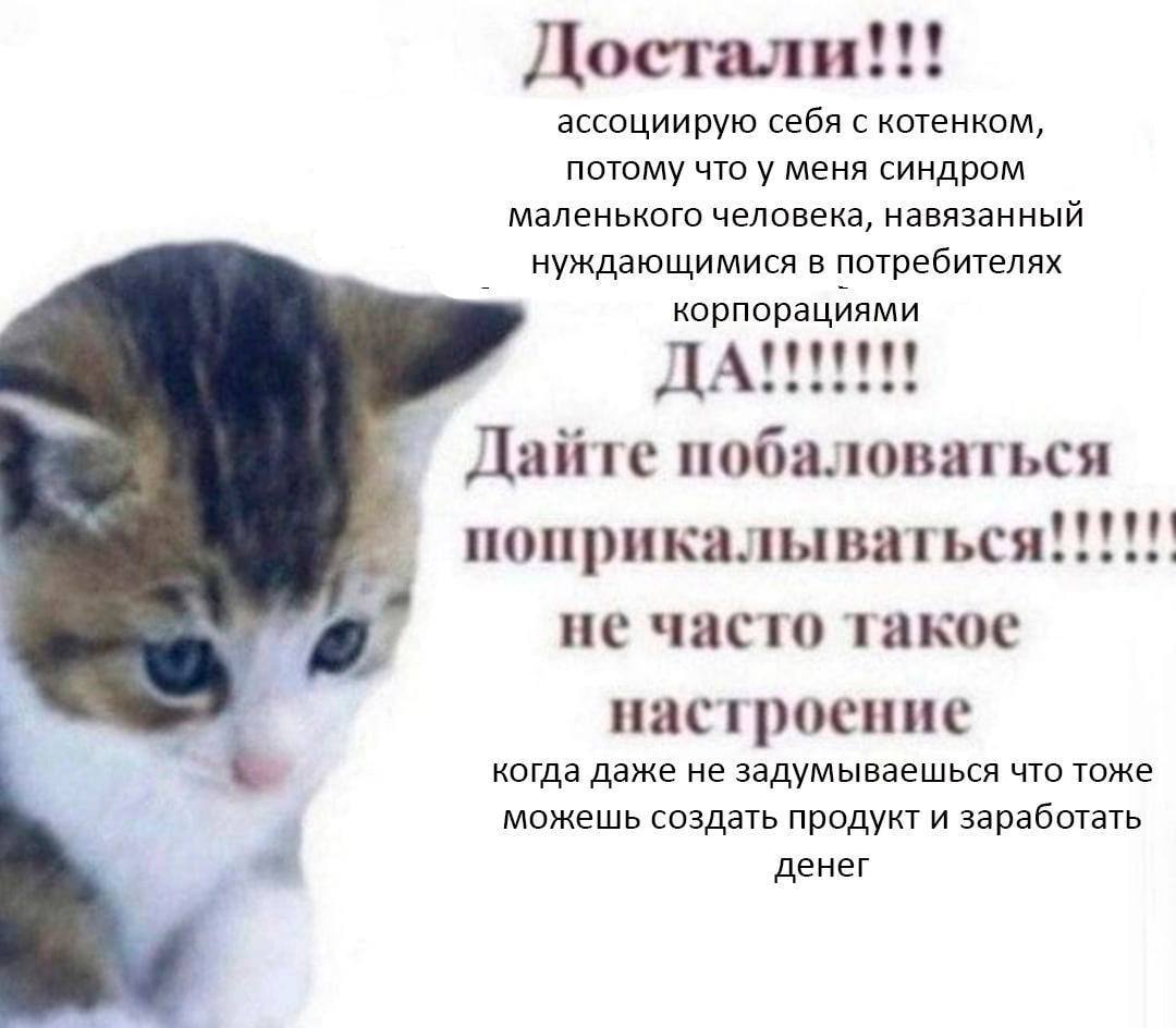 Достали ассоциирую себя с котенком, потому что у меня синдром маленького человека, навязанный нуждающимися в потребителях корпорациями ДА Дайте побаловаться поприкалываться не часто такое a настроение
