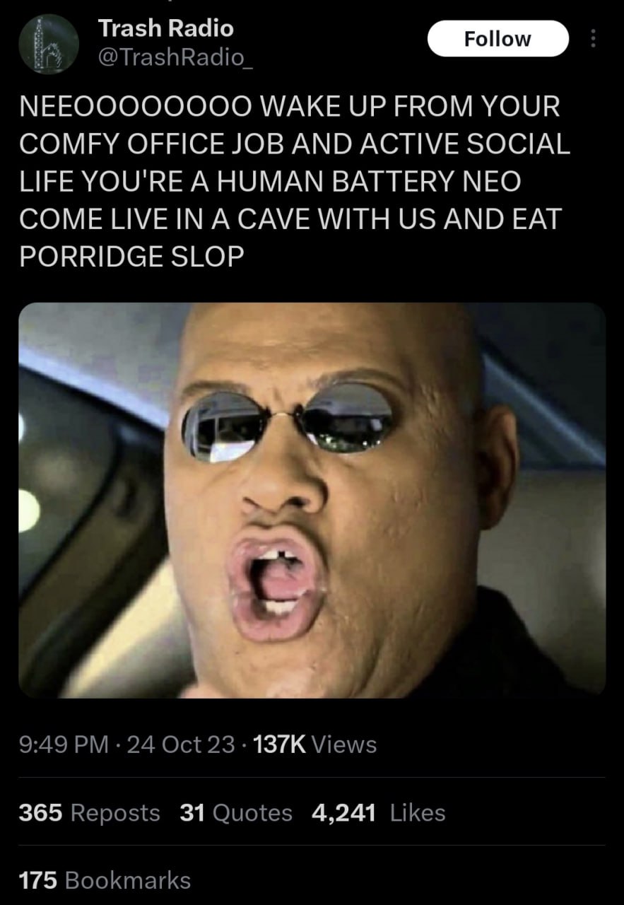 Trash Radio @TrashRadio_ МЕЕОООООООО WAKE UP FROM YOUR COMFY OFFICE JOB AND ACTIVE SOCIAL LIFE YOU'RE А HUMAN BATTERY NEO COME A CAVE WITH AND EAT PORRIDGE SLOP a |2 А 9:49 24 Oct 23 Views 365 Reposts