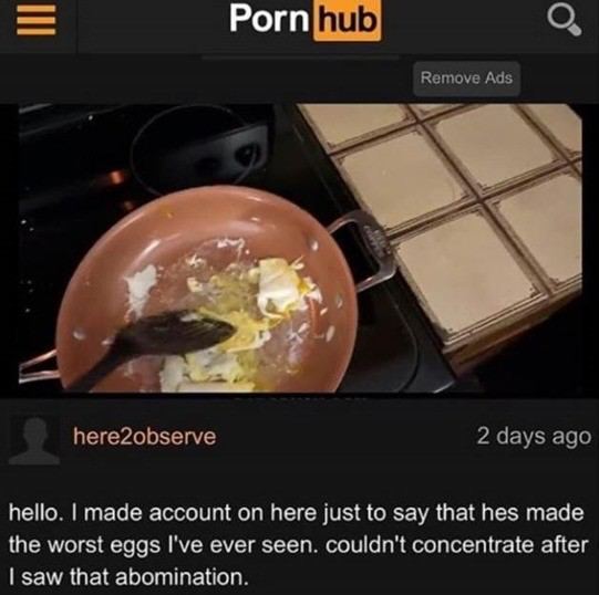 Remove Ads 4 here2observe 2 days ago hello. made account on here just to say that hes made the worst eggs I've ever seen. couldn't concentrate after saw that abomination.