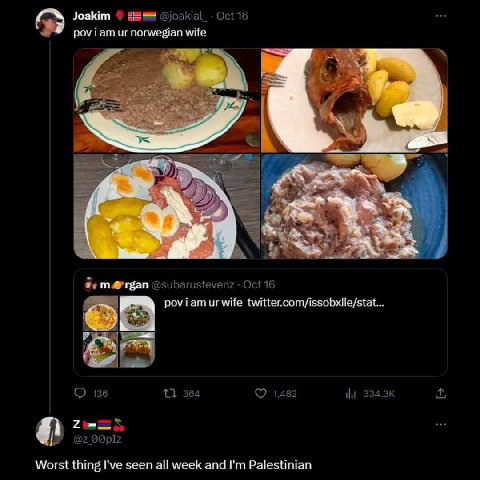 Joakim @joakial_- Oct 16 pov iam norwegian wife 2 А а 7 m@rgan @subarustevenz Oct 16 poviamur wife twitter.com/issobxlle/stat... О 136 13 364 1,482 Worst thing I've seen all week and Palestinian
