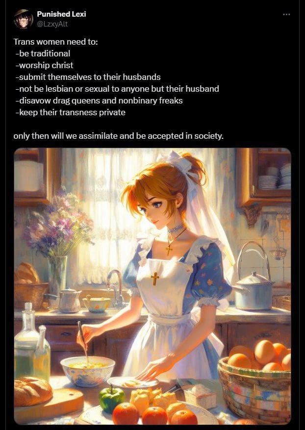 Punished Lexi Trans women need to: -be traditional christ themselves пен nusbands -not be lesbian or anyone but thei nusband -disavow drag queens and попотагу freaks -keep transness private only then 
