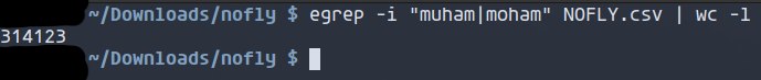 nofly list is 1566063 lines long. there are 314123 mohammads/muhammads on the list - that's like 20%. fucking kek