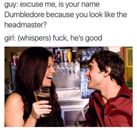 guy: excuse me, is your name Dumbledore because you look like the headmaster? girl: (whispers) fuck, he's good