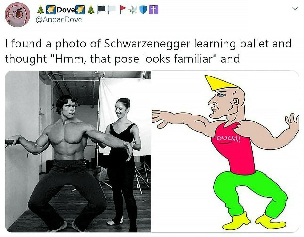A 4 @AnpacDove found a photo of Schwarzenegger learning ballet and thought "Hmm, that pose looks familiar" and