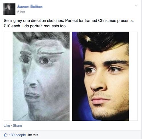 Selling my one direction sketches. Perfect for framed Christmas presents. £10 each. portrait requests too. и Like Share 139 people like this.